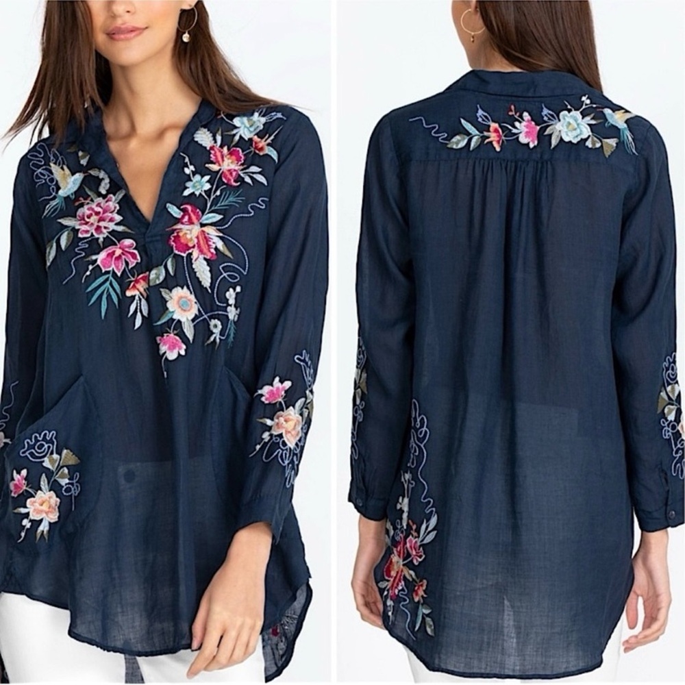 Johnny Was Workshop X-Small Miro Henley Popover Tunic Top Embroidered Womens